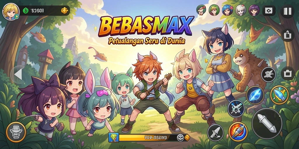 Screenshot utama BEBASMAX menampilkan pertarungan seru dengan karakter anime yang menawan.