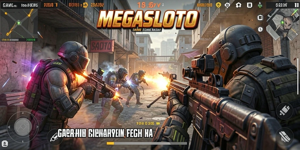 Screenshot gameplay MEGASLOTO menampilkan aksi tembak-menembak yang mendebarkan.