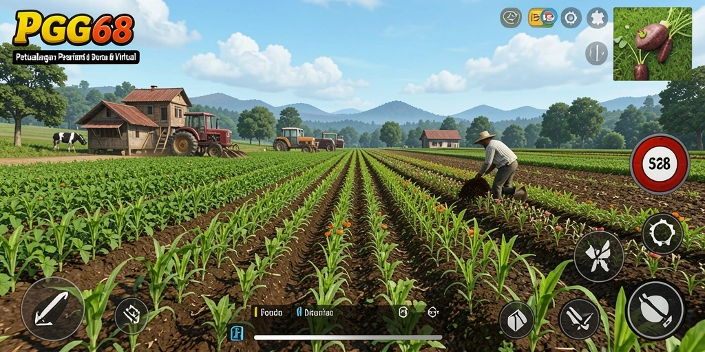 Tampilan gameplay PGG68 dengan suasana pertanian yang indah.
